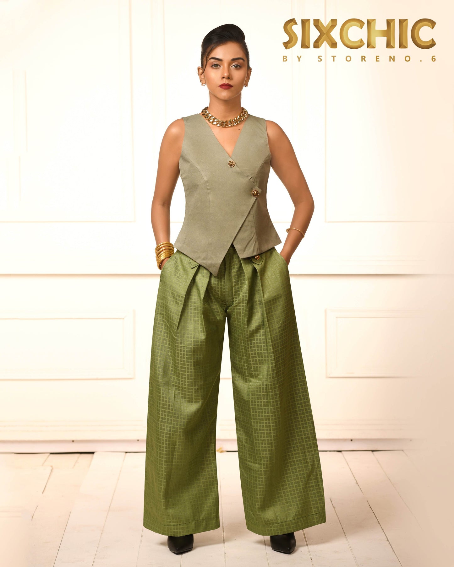 OLIVE ORIENT WAISTCOAT WITH PICKLE PASSION TROUSERS