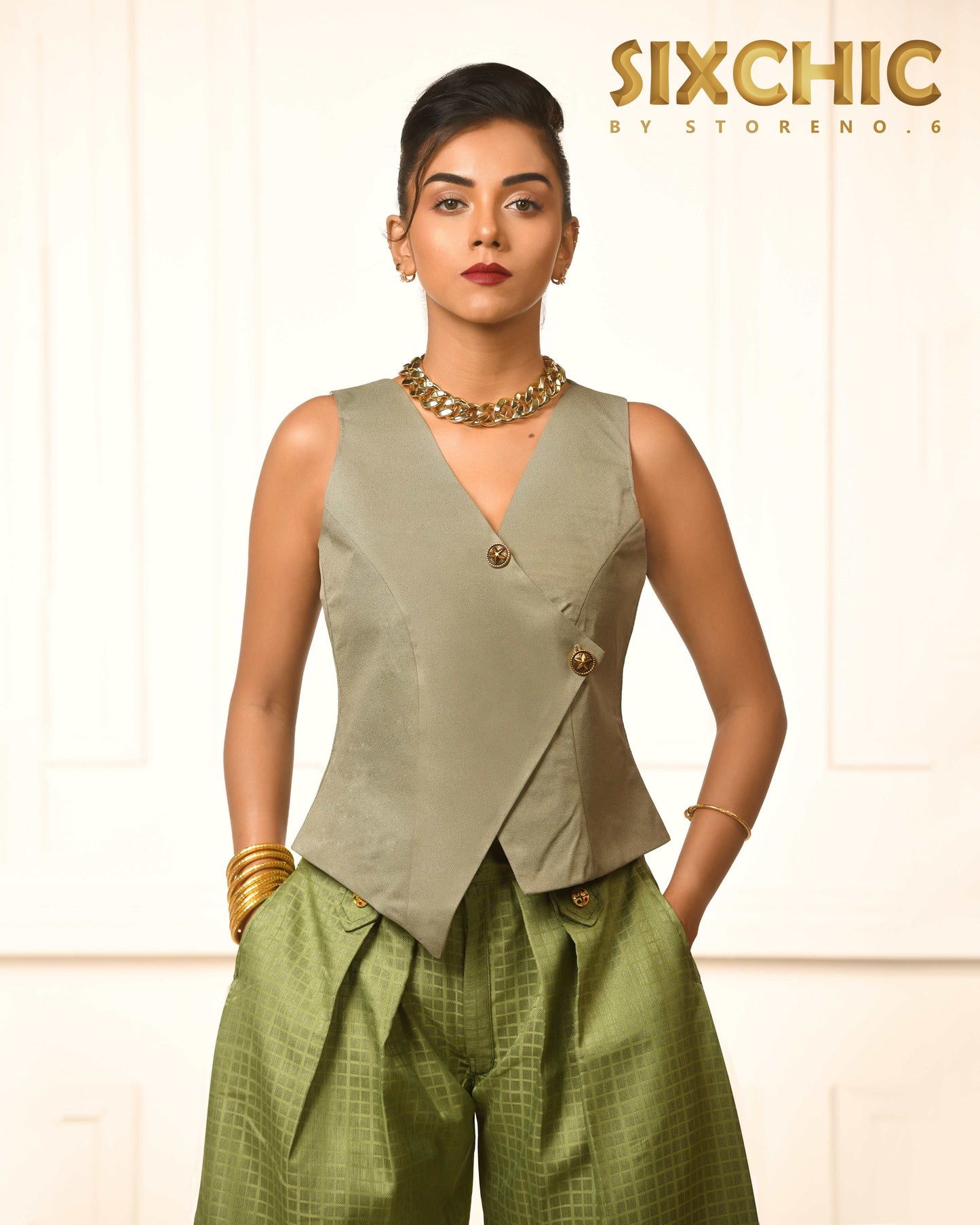 OLIVE ORIENT WAISTCOAT WITH PICKLE PASSION TROUSERS