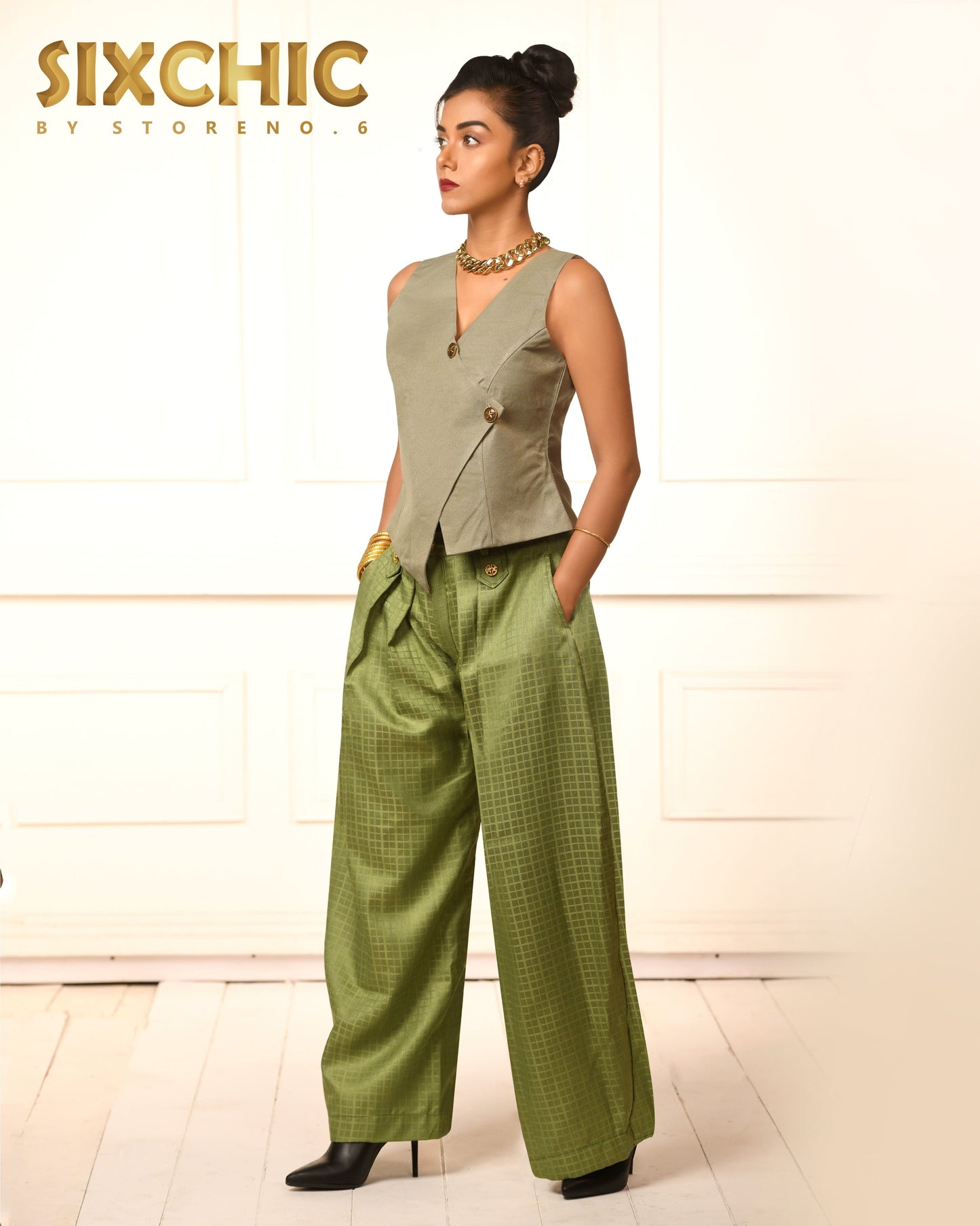 OLIVE ORIENT WAISTCOAT WITH PICKLE PASSION TROUSERS