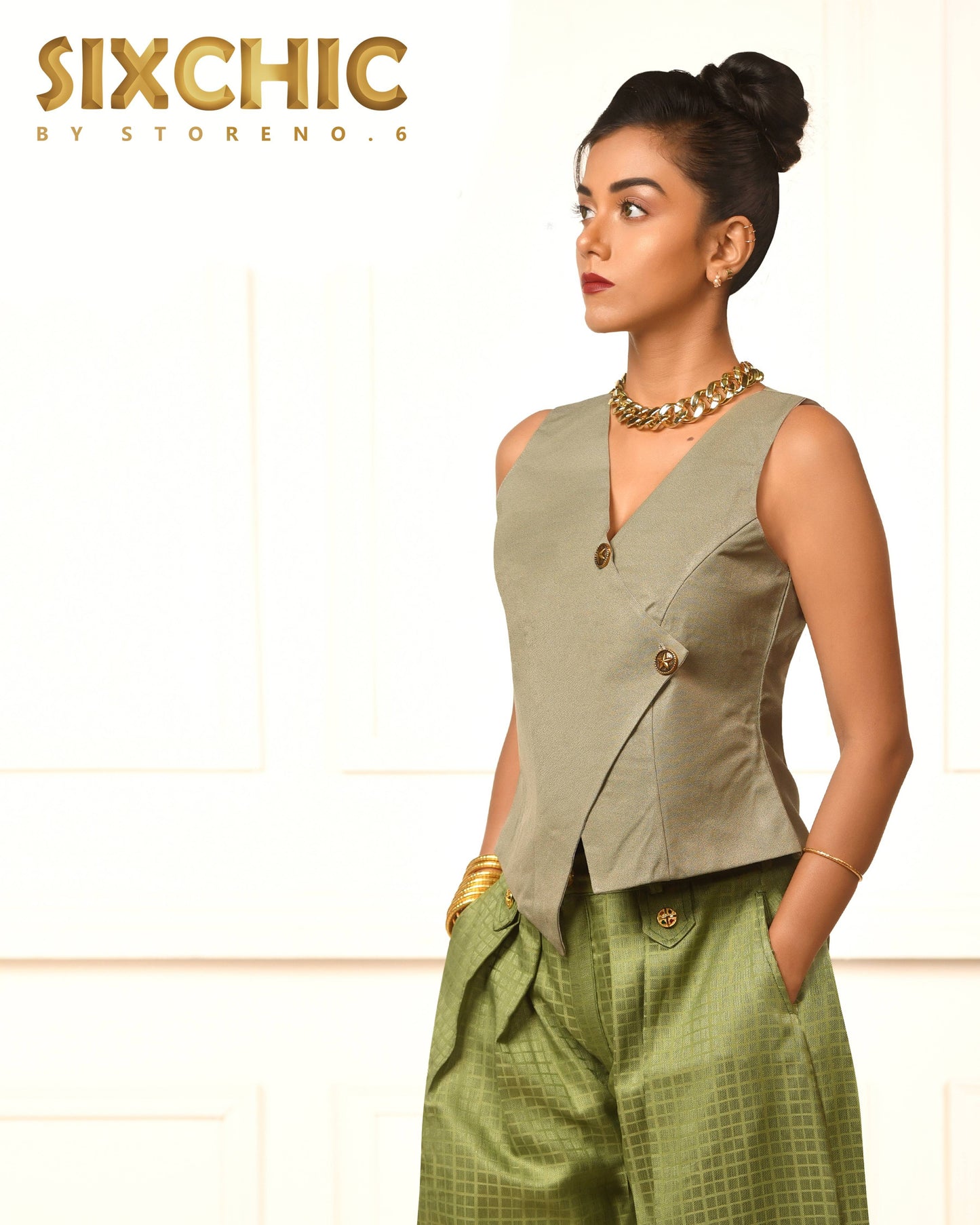 OLIVE ORIENT WAISTCOAT WITH PICKLE PASSION TROUSERS
