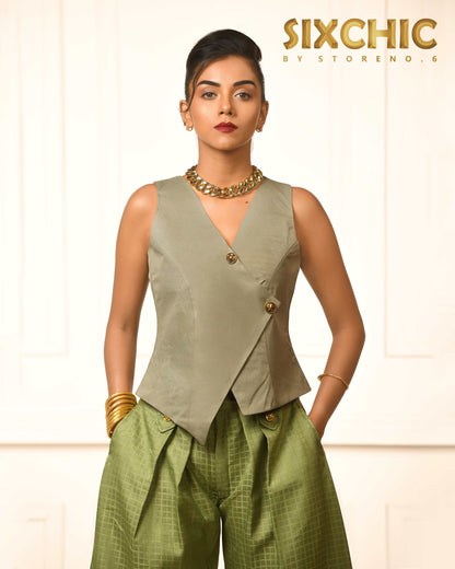 OLIVE ORIENT WAISTCOAT WITH PICKLE PASSION TROUSERS